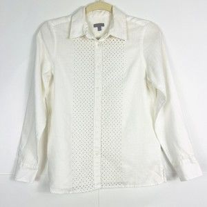 Talbots 100% Linen Women XSP? Eyelet White Button Down LS Blouse Shirt Relaxed